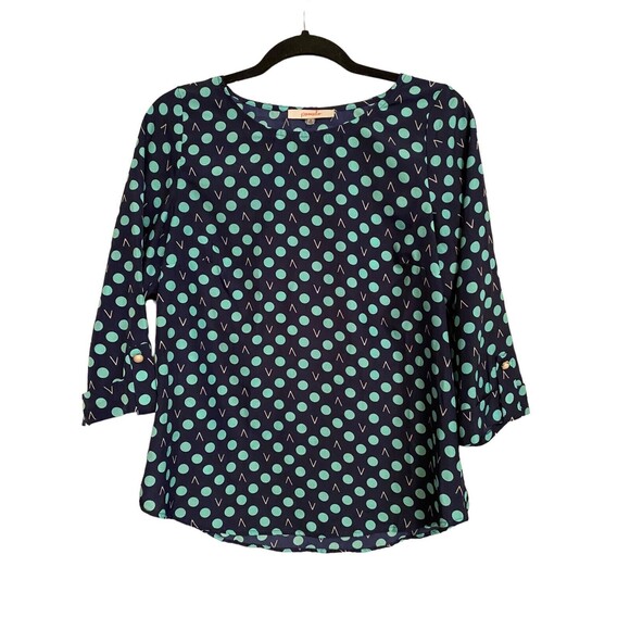 Pomelo Blouse size S Navy Green Tan Polka Dots - Picture 1 of 5